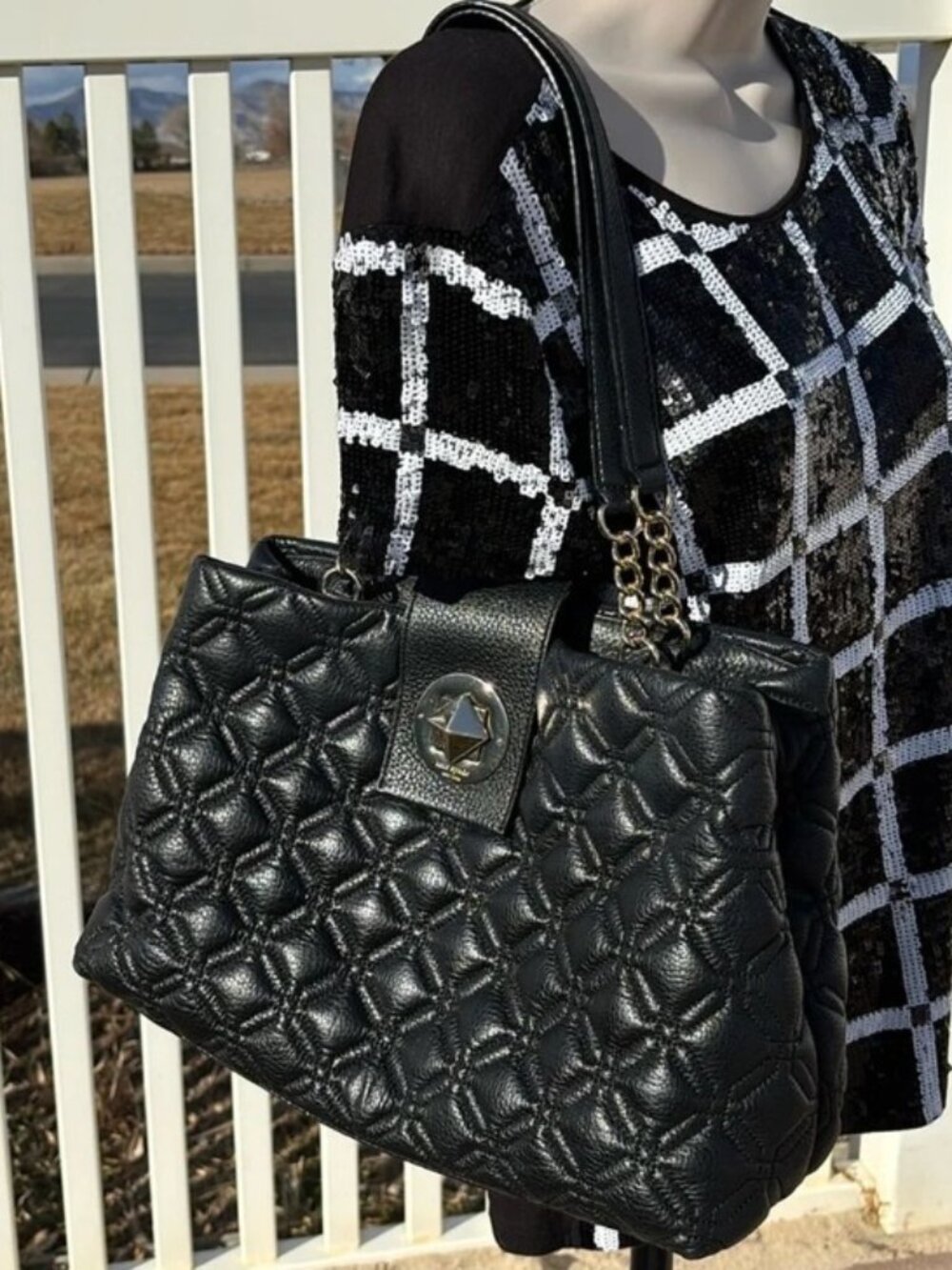 Kate Spade Astor Court Elena Black + Gold Quilted Leather